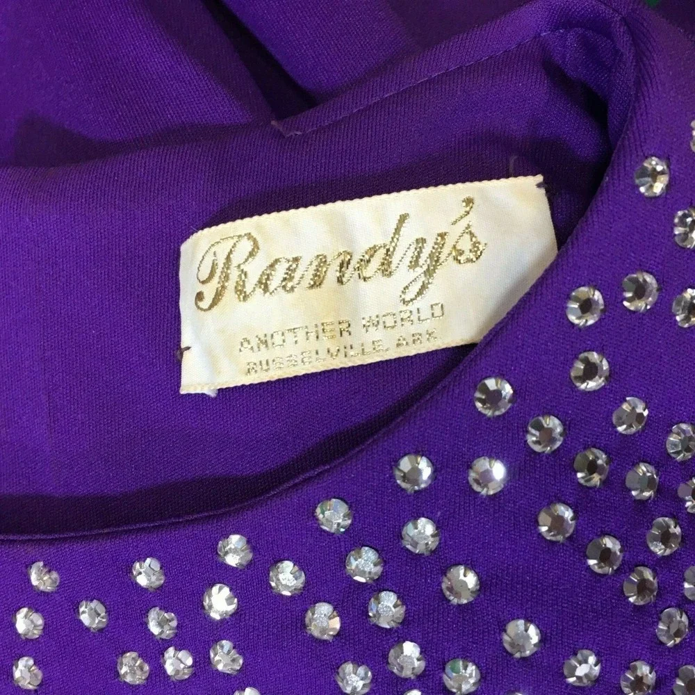 VTG RANDYS Glamorous Knit‎ Jersey Long Dress Dark Purple Rhinestone Embellish